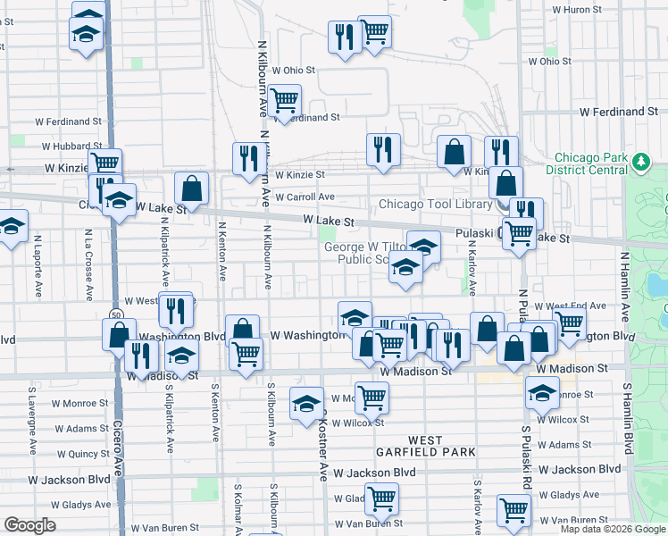 map of restaurants, bars, coffee shops, grocery stores, and more near 4343 West Maypole Avenue in Chicago