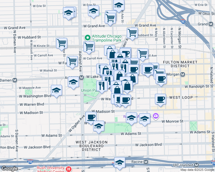 map of restaurants, bars, coffee shops, grocery stores, and more near 1406 West Randolph Street in Chicago