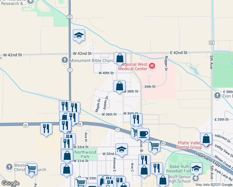 map of restaurants, bars, coffee shops, grocery stores, and more near 414 West 38th Street in Scottsbluff