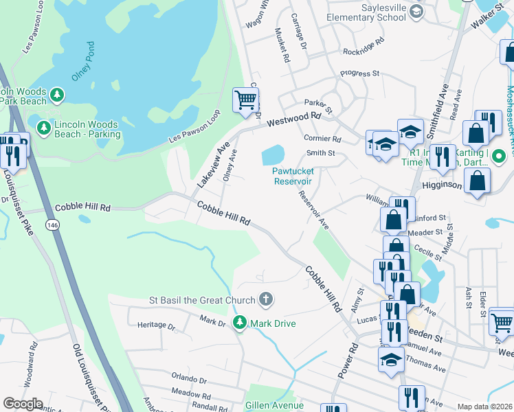 map of restaurants, bars, coffee shops, grocery stores, and more near 101 Cobble Hill Road in Lincoln