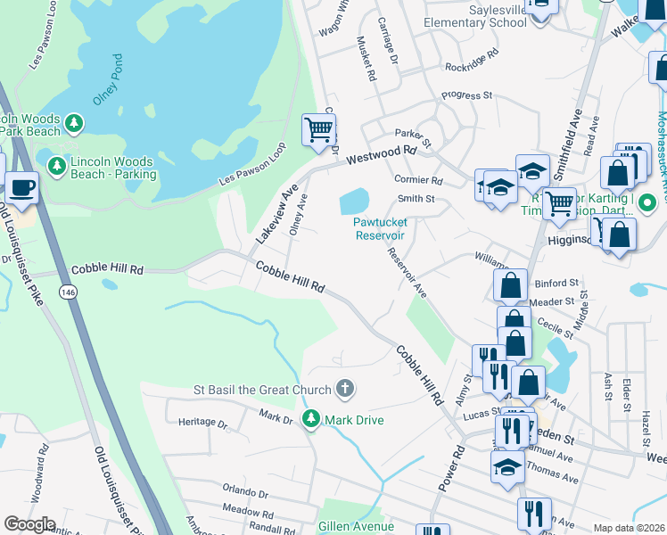 map of restaurants, bars, coffee shops, grocery stores, and more near 101 Cobble Hill Road in Lincoln