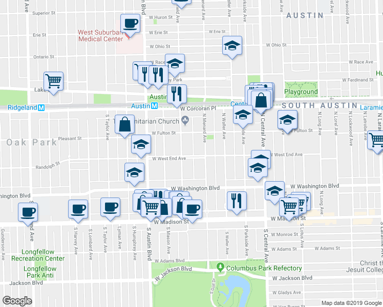 map of restaurants, bars, coffee shops, grocery stores, and more near 5826 West West End Avenue in Chicago