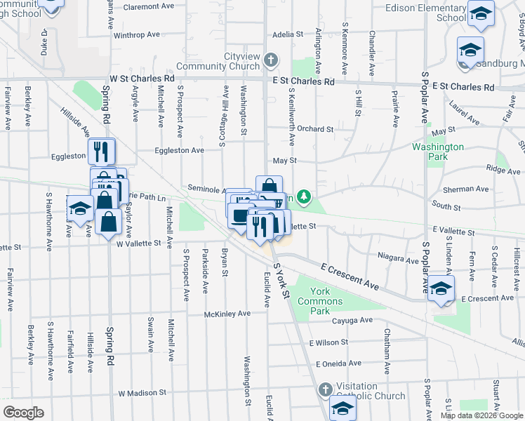 map of restaurants, bars, coffee shops, grocery stores, and more near 526 South York Street in Elmhurst