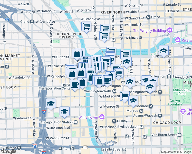 map of restaurants, bars, coffee shops, grocery stores, and more near 345 Lower Wacker Drive in Chicago