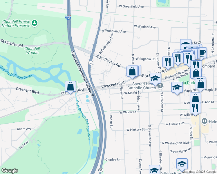 map of restaurants, bars, coffee shops, grocery stores, and more near 53 Crescent Boulevard in Lombard