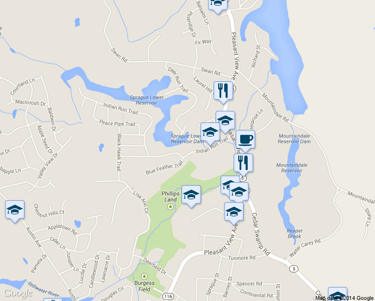 map of restaurants, bars, coffee shops, grocery stores, and more near 21 Indian Run Trail in Smithfield