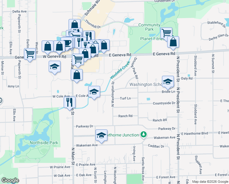 map of restaurants, bars, coffee shops, grocery stores, and more near 404 Bridle Lane in Wheaton