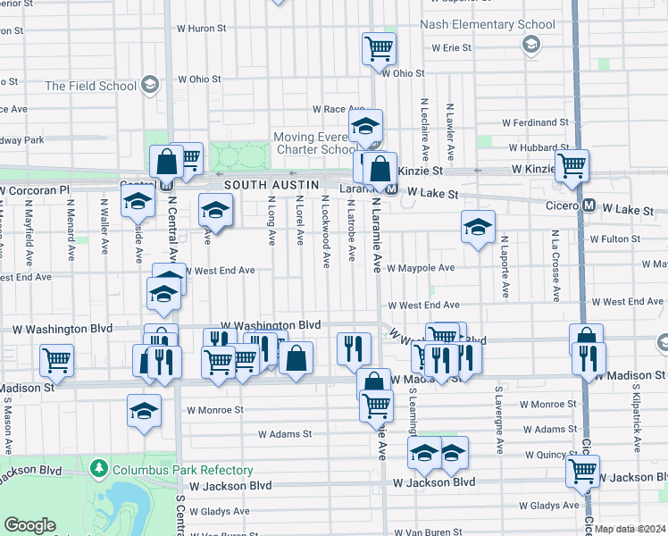 map of restaurants, bars, coffee shops, grocery stores, and more near 205 North Lockwood Avenue in Chicago