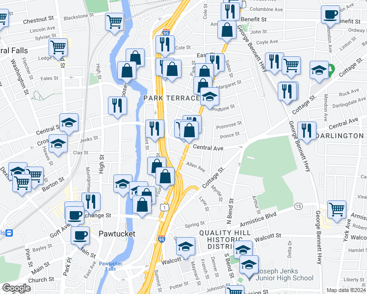 map of restaurants, bars, coffee shops, grocery stores, and more near 394 Broadway in Pawtucket