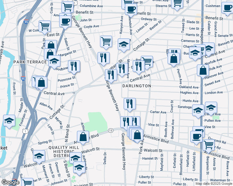 map of restaurants, bars, coffee shops, grocery stores, and more near 4 Winthrop Avenue in Pawtucket