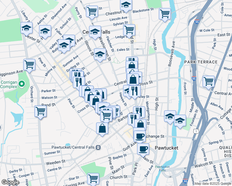 map of restaurants, bars, coffee shops, grocery stores, and more near 136 Cross Street in Central Falls