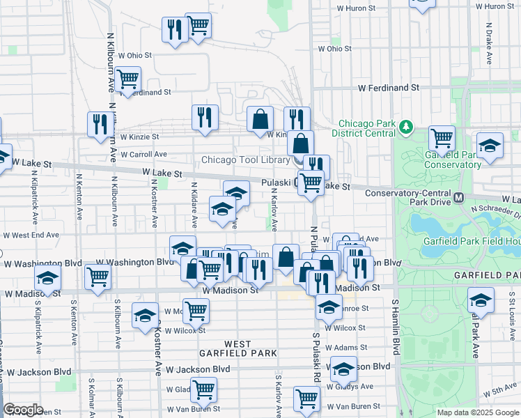 map of restaurants, bars, coffee shops, grocery stores, and more near 4119 West Maypole Avenue in Chicago