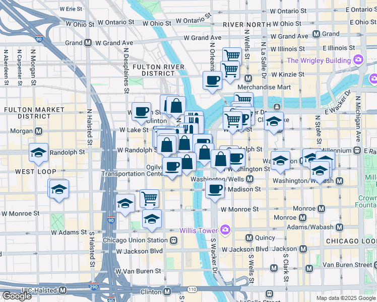 map of restaurants, bars, coffee shops, grocery stores, and more near 150 North Riverside Plaza in Chicago