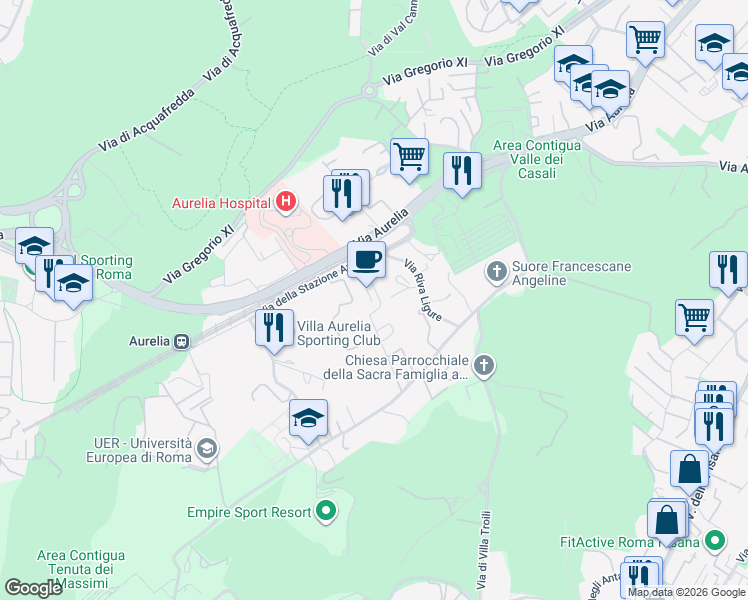 map of restaurants, bars, coffee shops, grocery stores, and more near 43 Via Balestrino in Roma
