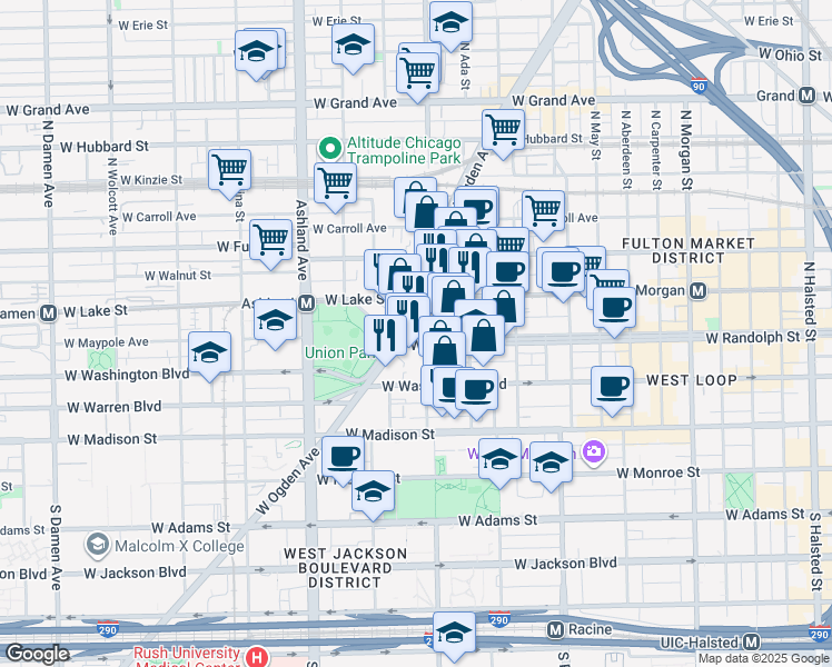 map of restaurants, bars, coffee shops, grocery stores, and more near 1400 West Randolph Street in Chicago