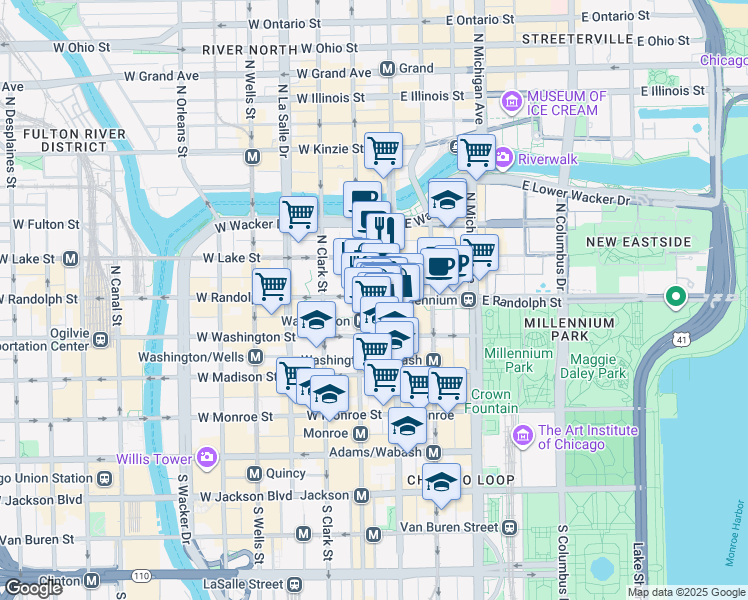 map of restaurants, bars, coffee shops, grocery stores, and more near 119 North Dearborn Street in Chicago