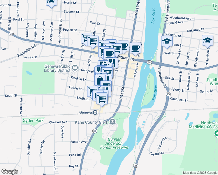 map of restaurants, bars, coffee shops, grocery stores, and more near 301 South 3rd Street in Geneva