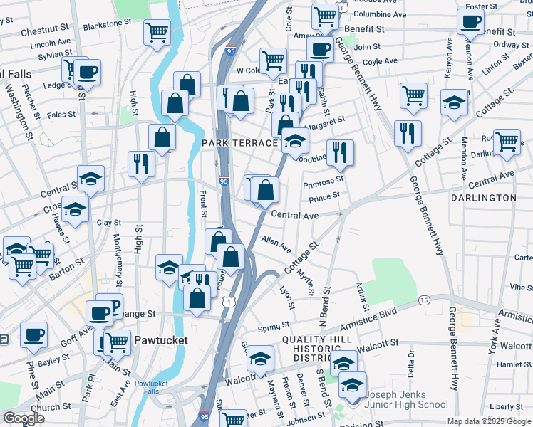 map of restaurants, bars, coffee shops, grocery stores, and more near 399 Broadway in Pawtucket