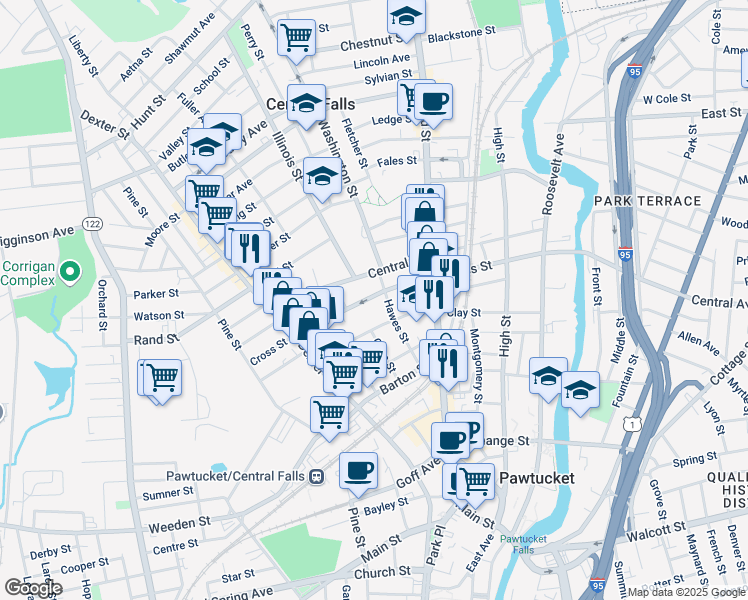 map of restaurants, bars, coffee shops, grocery stores, and more near 136 Cross St in Central Falls