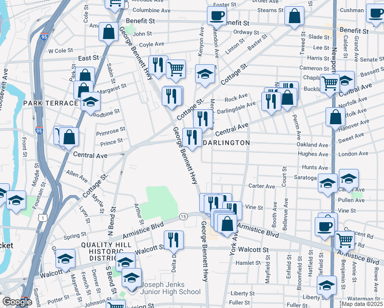 map of restaurants, bars, coffee shops, grocery stores, and more near 4 Winthrop Avenue in Pawtucket