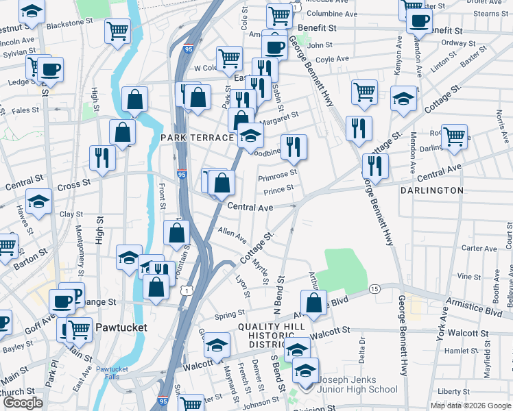 map of restaurants, bars, coffee shops, grocery stores, and more near 178 Central Avenue in Pawtucket