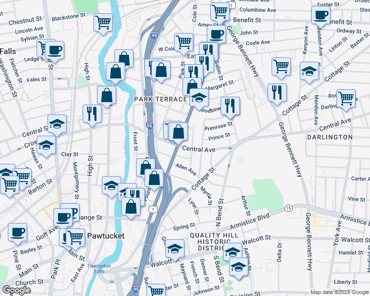 map of restaurants, bars, coffee shops, grocery stores, and more near 399 Broadway in Pawtucket