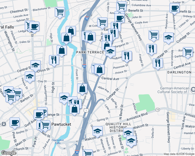 map of restaurants, bars, coffee shops, grocery stores, and more near 399 Broadway in Pawtucket