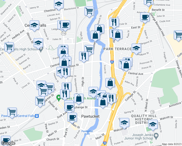 map of restaurants, bars, coffee shops, grocery stores, and more near 413 Roosevelt Avenue in Central Falls