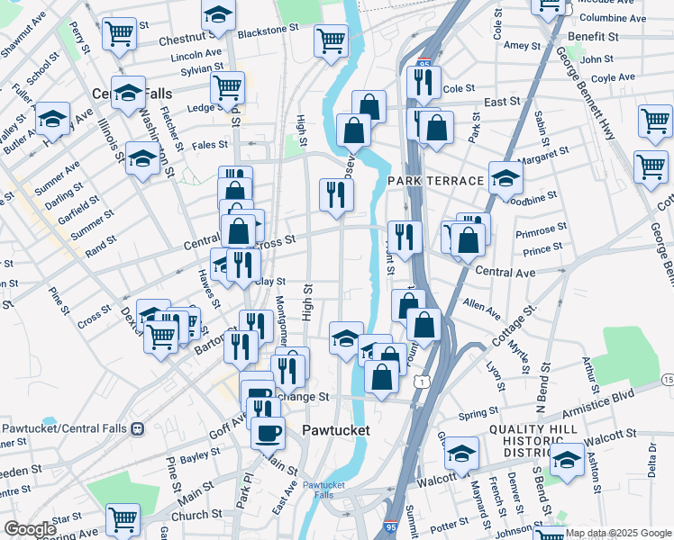 map of restaurants, bars, coffee shops, grocery stores, and more near 413 Roosevelt Avenue in Central Falls