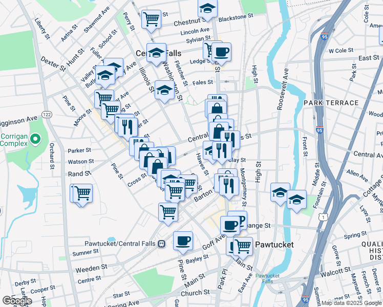 map of restaurants, bars, coffee shops, grocery stores, and more near 136 Cross Street in Central Falls