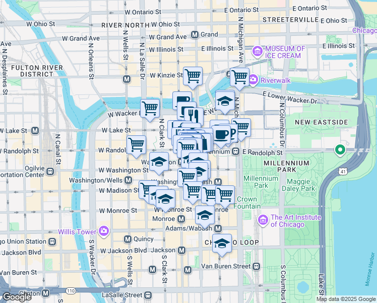 map of restaurants, bars, coffee shops, grocery stores, and more near 119 North Dearborn Street in Chicago