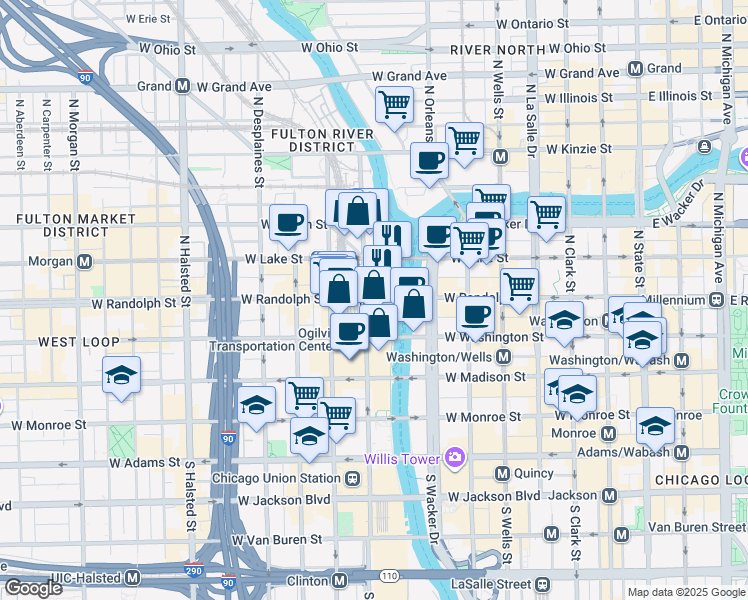map of restaurants, bars, coffee shops, grocery stores, and more near 2 North Riverside Plaza in Chicago
