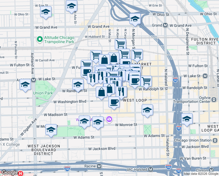 map of restaurants, bars, coffee shops, grocery stores, and more near 1116 West Randolph Street in Chicago