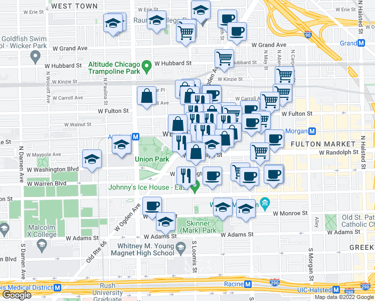 map of restaurants, bars, coffee shops, grocery stores, and more near in Chicago