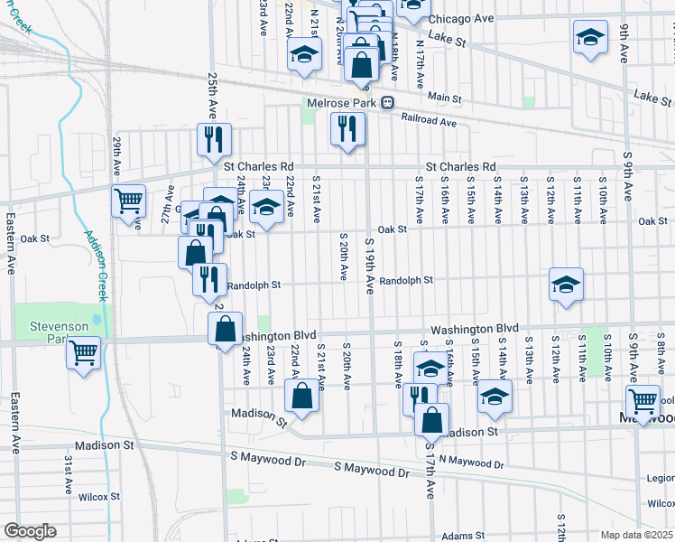 map of restaurants, bars, coffee shops, grocery stores, and more near 232 South 20th Avenue in Maywood