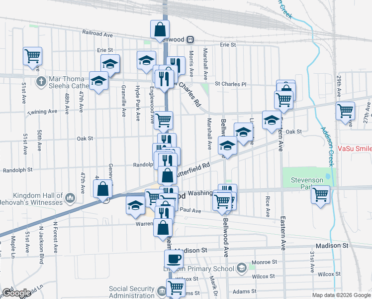 map of restaurants, bars, coffee shops, grocery stores, and more near 421 Frederick Avenue in Bellwood