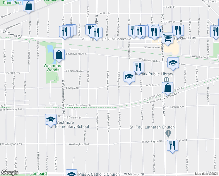 map of restaurants, bars, coffee shops, grocery stores, and more near 313 West School Street in Villa Park