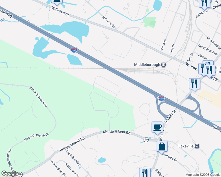 map of restaurants, bars, coffee shops, grocery stores, and more near 72 Wesley Circle in Middleborough