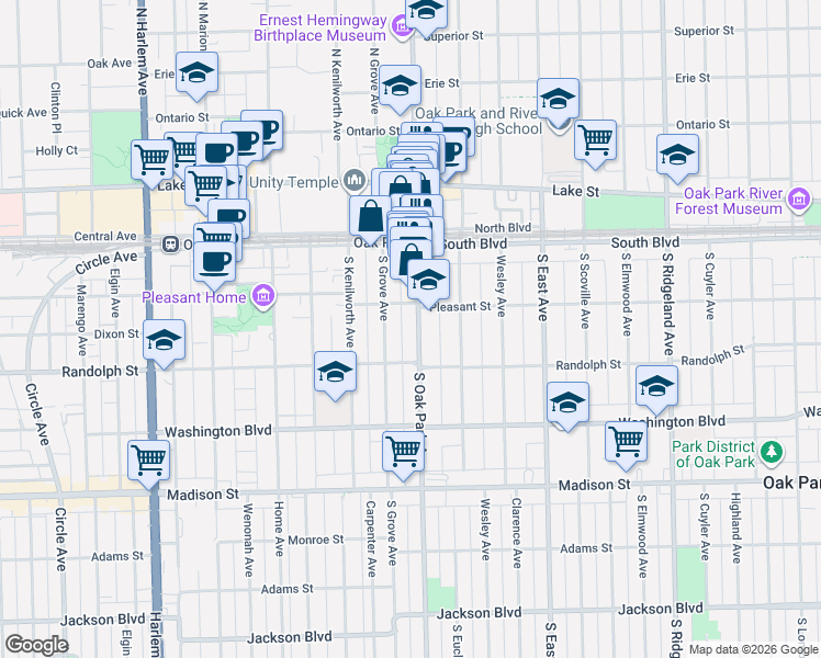 map of restaurants, bars, coffee shops, grocery stores, and more near 221 South Oak Park Avenue in Oak Park