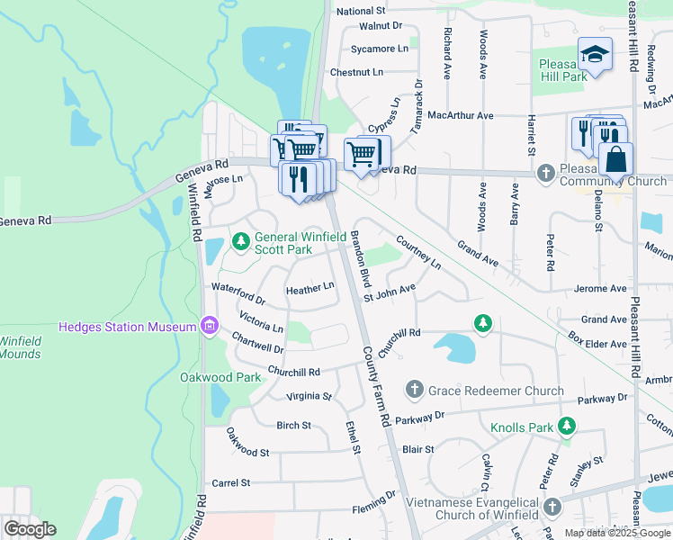 map of restaurants, bars, coffee shops, grocery stores, and more near 645 Suzanne Drive in Winfield