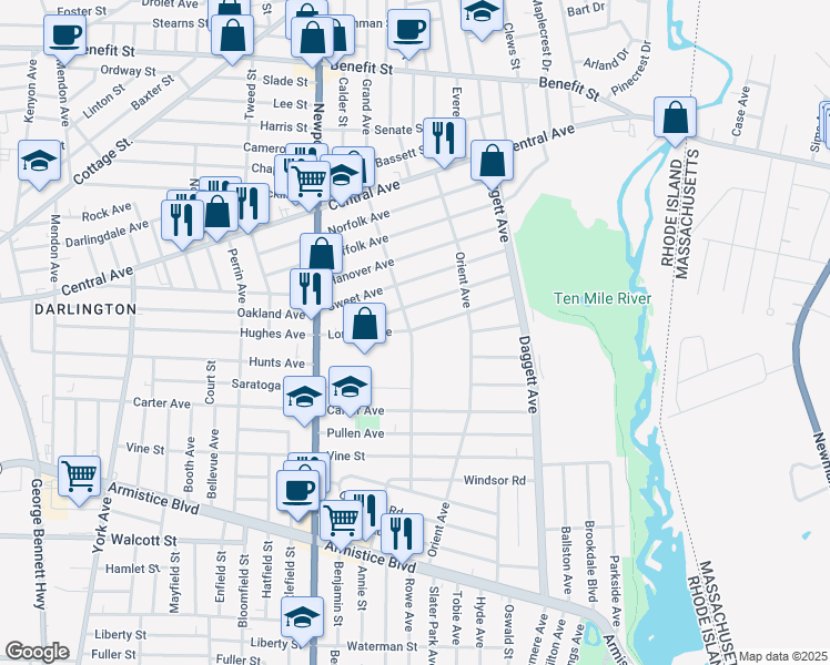 map of restaurants, bars, coffee shops, grocery stores, and more near 119 London Avenue in Pawtucket