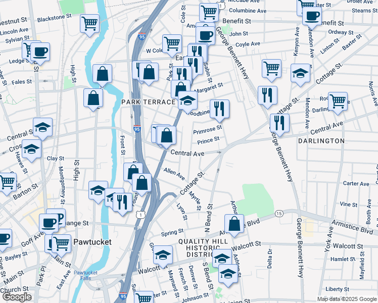 map of restaurants, bars, coffee shops, grocery stores, and more near 190 Central Avenue in Pawtucket