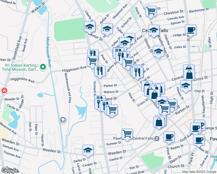 map of restaurants, bars, coffee shops, grocery stores, and more near 46 Parker Street in Central Falls
