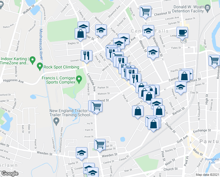 map of restaurants, bars, coffee shops, grocery stores, and more near 24 Parker Street in Central Falls