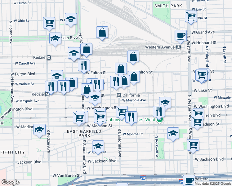 map of restaurants, bars, coffee shops, grocery stores, and more near 2830 West Lake Street in Chicago