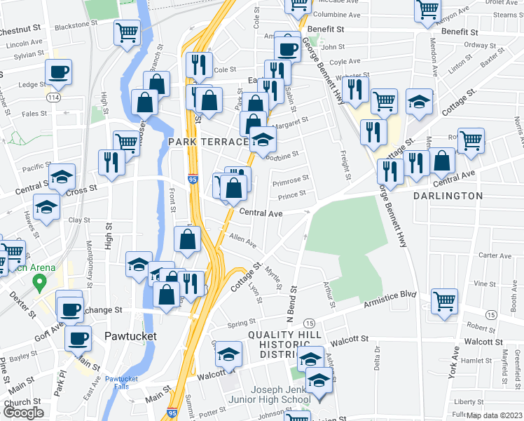 map of restaurants, bars, coffee shops, grocery stores, and more near 178 Central Avenue in Pawtucket
