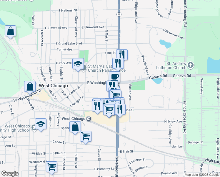 map of restaurants, bars, coffee shops, grocery stores, and more near 550 E Washington St in West Chicago
