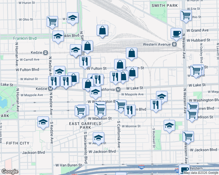 map of restaurants, bars, coffee shops, grocery stores, and more near 2830 West Lake Street in Chicago