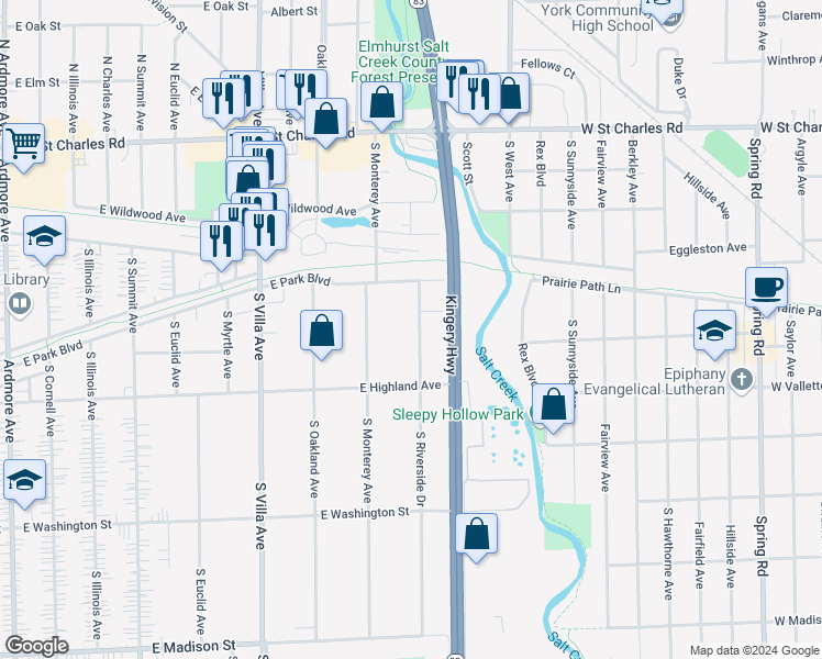 map of restaurants, bars, coffee shops, grocery stores, and more near 240 South Riverside Drive in Villa Park