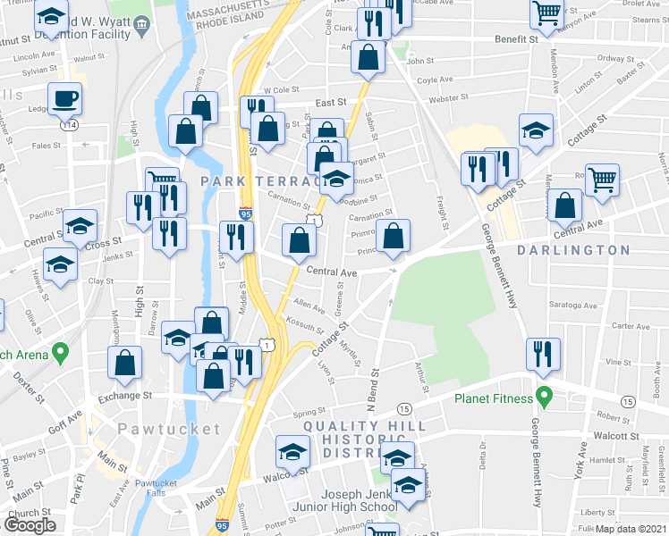map of restaurants, bars, coffee shops, grocery stores, and more near 176 Central Avenue in Pawtucket